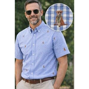Cremieux Mens Large Blue Gingham Shirt Dog Embroidered Short Sleeve Button Down